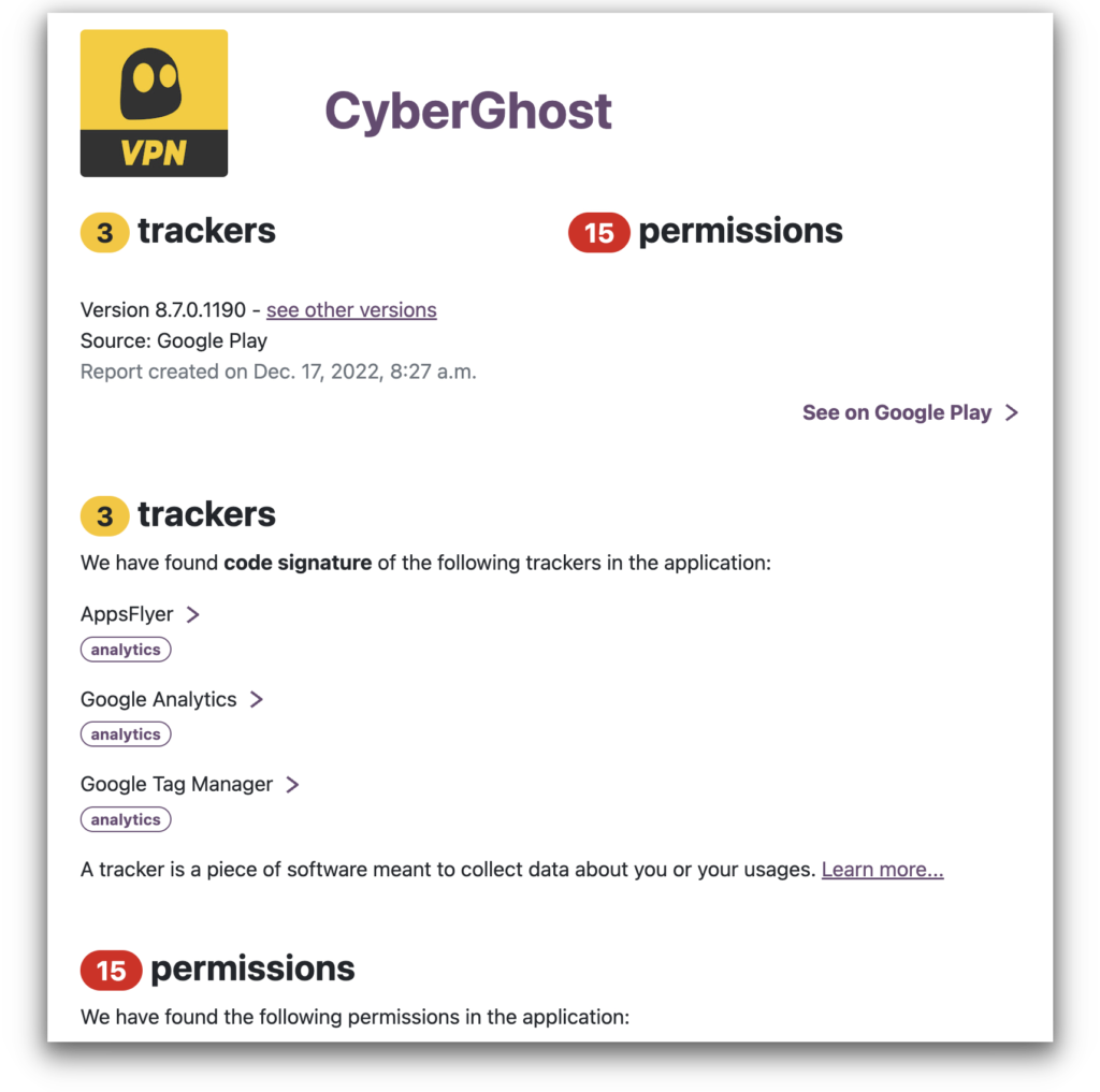 CyberGhost has cut down on its number of trackers and permissions, but it can still do better. 