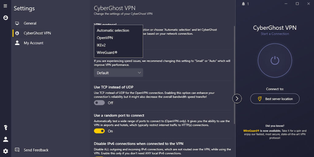 CyberGhost has its most diverse selection of protocols on Windows.