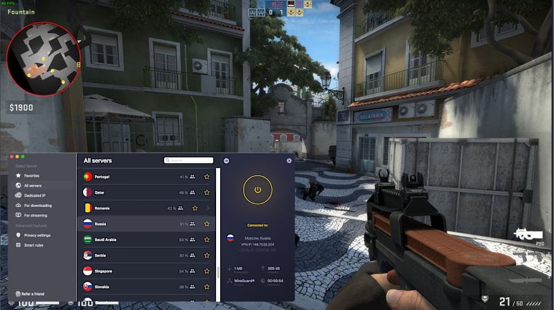 CyberGhost keeps ping speeds low while connected to nearby servers – low enough to not impact twitchy shooters like CS:GO.