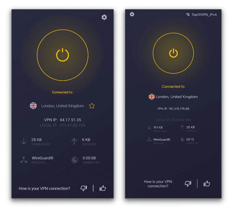 CyberGhost Windows (left) and iOS (right) are the most similar of all its apps. The only difference on the home screens are your hidden IP address on Android and the name of your WiFi network on iOS.
