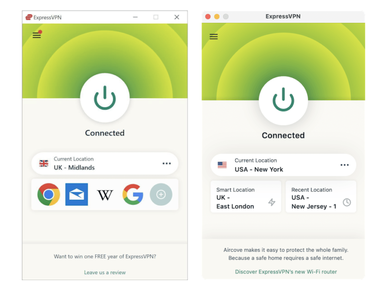 The home screen of ExpressVPN’s Windows app (left) and macOS app (right).