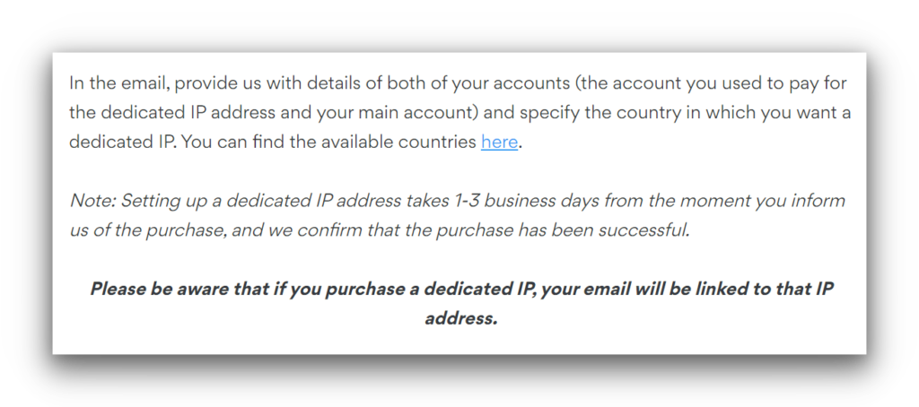 NordVPN’s dedicated IP address is linked to user accounts.