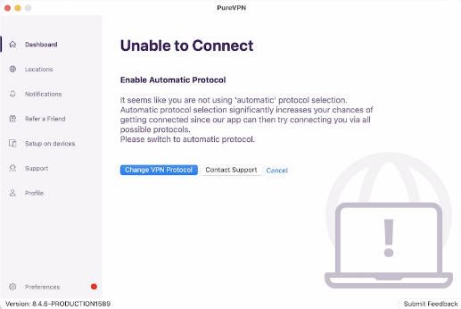 PureVPN encourages you to use the automatic protocol to avoid connection failures.