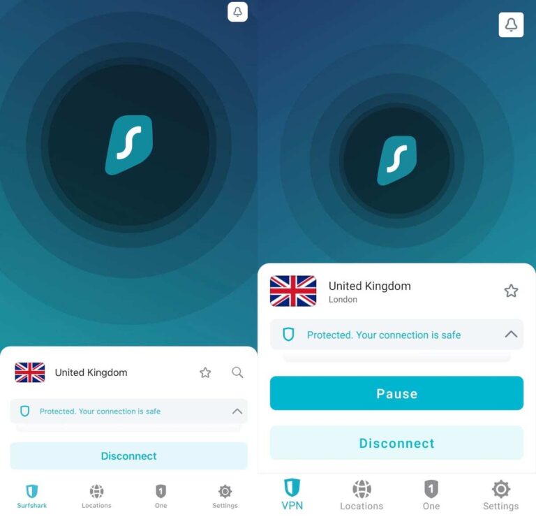 Surfshark on Android (left) & iOS (right) are similarly easy to use.
