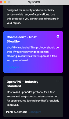 You can find VyprVPN’s obfuscation protocol in Customize > Protocol.