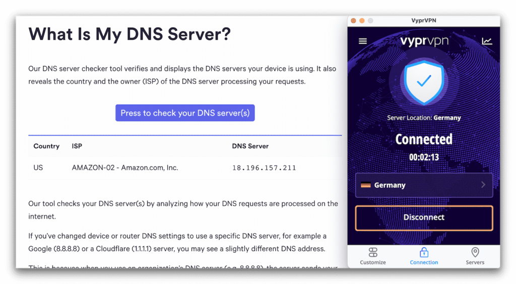 A partial leak test, showing Amazon DNS servers instead of VyprVPN’s.