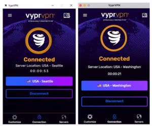 The home screen of VyprVPN’s Windows app (left) and macOS app (right).